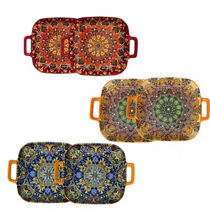 Bohemian Style Ceramic Plates Set with Handles, Rectangular Dinner Plates, Vibrant Floral & Geometric Patterns, Oven & Microwave Safe, Ceramic Coated Plates Perfect for Baking