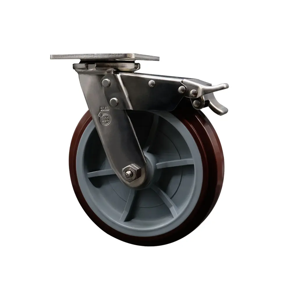 Service Caster SCC-SS316TTL30S820-PPUD 316 Stainless Steel Heavy Duty Swivel Top Plate Caster with Total Lock Brake & 8 in. Polyurethane Wheel with Delrin Bearings - 1000 lbs Capacity per Caster
