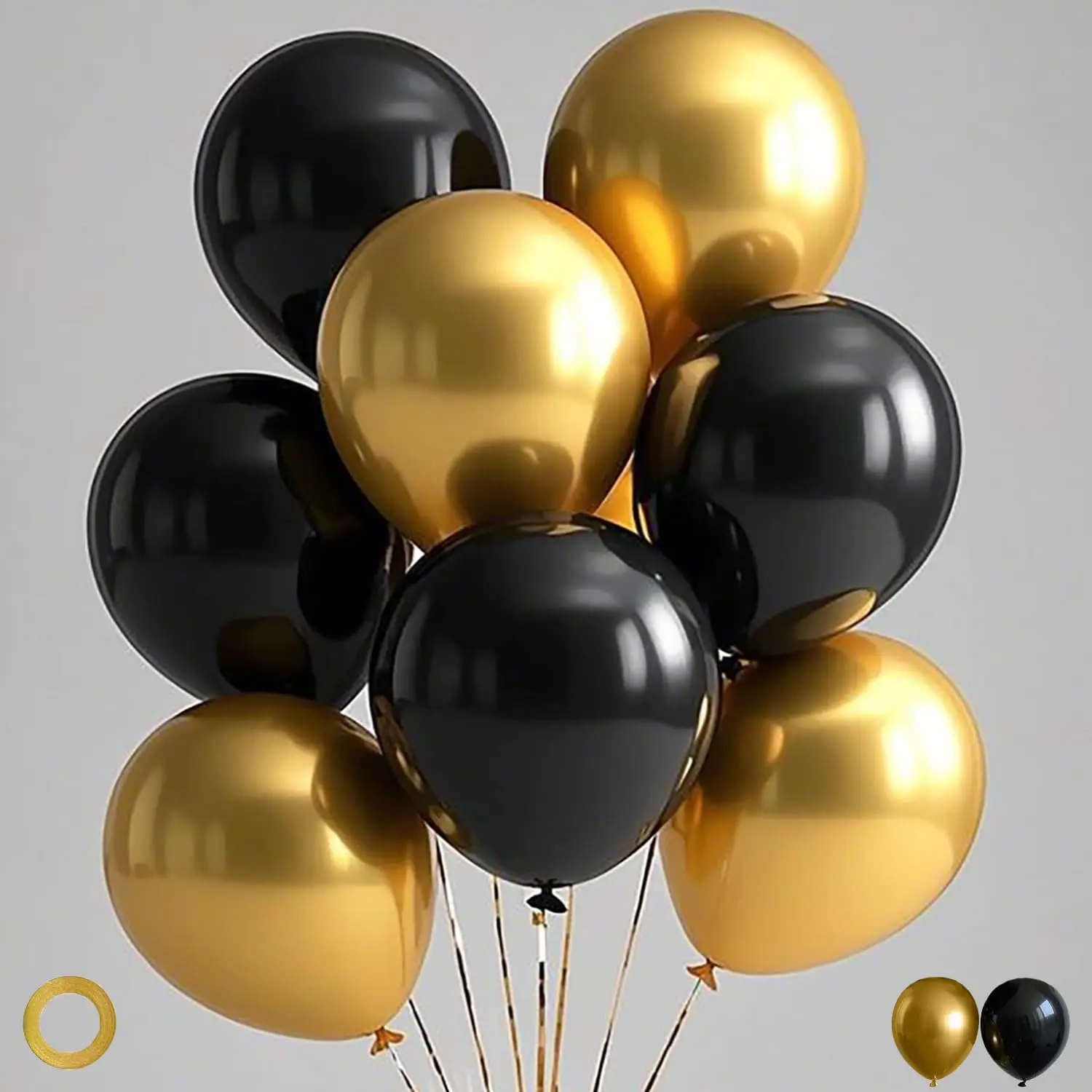 Thick, Stretchy Shiny Metallic Latex Rubber Balloons Set - 70pcs 12in Black and Gold Balloons for Graduation, Father's Day Decor (Home & Festive Party Supplies), Metallic Latex Balloons