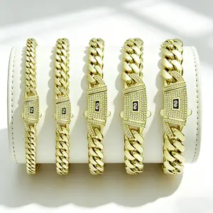 Stainless Steel Miami Cuban Link Bracelet with S Logo Iced Clasp, 6-14mm Width, Gold Plated Hip Hop Bling Wrist Chain, Waterproof & Durable, Statement Jewelry for Men Women, Ideal for Everyday Wear & Party Outfits