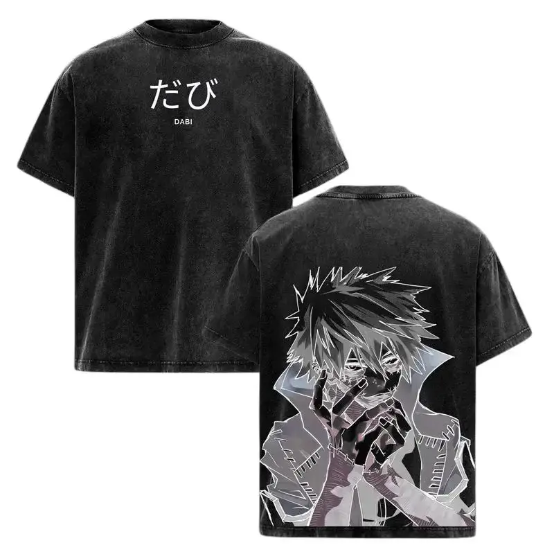 Men's Fitted Cotton T-Shirt - Distressed Round Neck, Short-Sleeve, Vintage My Hero Academia Dabi Anime Graphic, Figure-Flattering Casual Unisex Menswear Top, Shortsleeve, Crew Neck, Anime Print