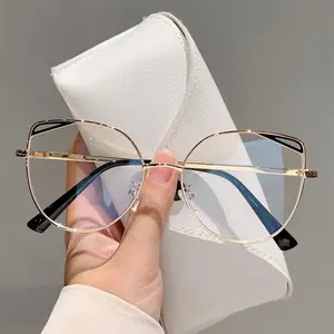 High-Quality Cat Eye Hollow Metal Eyeglass Frame, Simple Fashion Anti-Blue Light Glasses for Women, Computer Goggles with Flat Lens