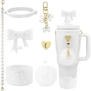 7PCS Bow of Stanley Cup Accessories Set 30/40 Oz Pearl Charms for Stanley Decorations Water Bottle Tumbler Accessories Including Bow Straw Topper, Pom Pom Keychain, Tumbler Boot 30/40 Oz