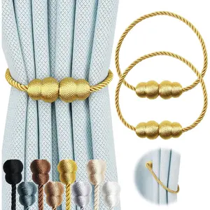 Magnetic Curtain Tiebacks 2 Pack Rope Decorative Curtain Tie Backs Elegant Curtain Holders for Drapes Outdoor Window Treatment Holdbacks, Gold