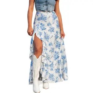 Women's Sky Blue Boho Floral High Waist Ruffle Split Maxi Skirt - Perfect for Summer