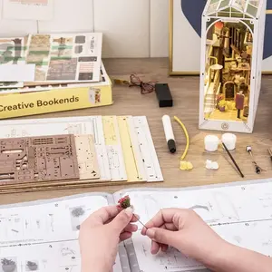 DIY 3D Wooden Bookshelf Kit with LED, Miniature Dollhouse Shelf Insert, Semi-Transparent Roof, Easy Assembly, Perfect Gift for Teens & Adults