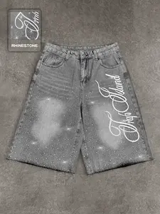 Studded Embroidered Casual Jeans, Letter Embroidery Shorts, American Street Style, Fashion Daily Wear Denim, High Waist, Button Fly, All Seasons