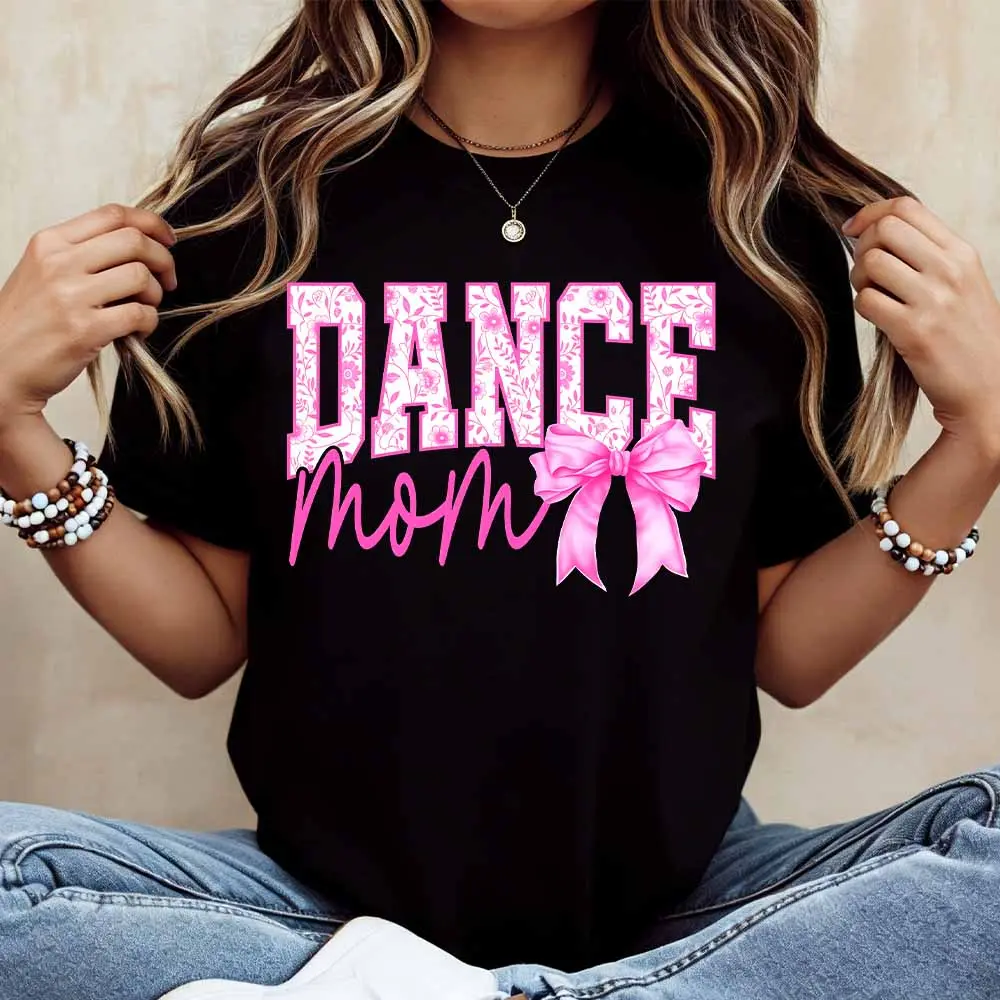 Dance Mom Pink Bow Print V Neck T Shirt Casual Loose Fit For Dance Practice And Everyday Wear
