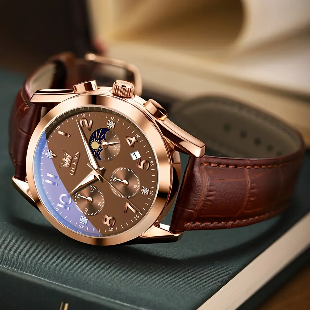 Olevs Men's Digital Watch Brown Leather with Date, Casual Men's Watch, Moon Phase Men's Watch, Chronographe Men's Watch, Sports Waterproof Business Formal Wear Quartz Men's Wrist Watch Relojes De Hombre