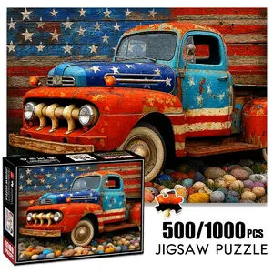 1pc 1000 piece adult puzzle 70x50cm Vintage Truck with American - Flag Design500 pieces of paper jigsaw puzzle, suitable for adults and families, large-scale DIY puzzle interactive toy games, birt