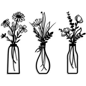 3 Pcs Metal Flowers Wall Arts - Rustic Farmhouse Decor Black Minimalist Flower Wall Decors for Living room Bathroom Bedroom Dining Room - Housewarming Gifts