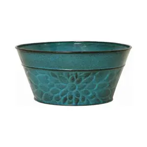 212 MAIN 8 in. Lagoon Green Outdoor Laurel Metal Round Garden Planter - Metal Patio Planter with Drainage Hole, Embossed Trim, Round Planter