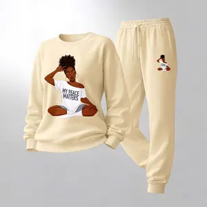 Women's My Peace Matters Letter Print Crewneck Sweatshirt and Drawstring Track Pants Set, Casual Sportswear, Long-Sleeve Round Neck Top and Pants, Suitable for Spring, Autumn and Winter, Everyday Wear