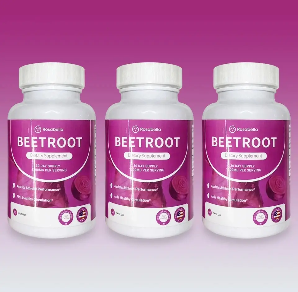 3PCS Rosabella Organic Beetroot Capsules (60 Capsules Total) - Organic Beetroot Nitrate Vitamins Supplements, Natural Energy Boost, Blood Pressure Support, Prop 65 Safe