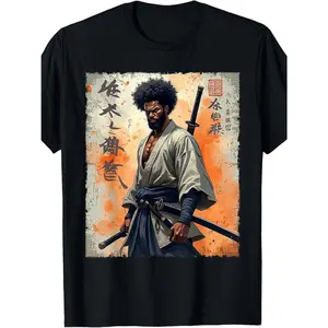 Aesthetic African Samurai Graphic T-Shirt | Premium 180g Heavyweight Cotton Tee | Retro Afro American Bushido Warrior Apparel | Soft Breathable Japanese Katana Culture Top | Trendy Streetwear Gift for Men & Women