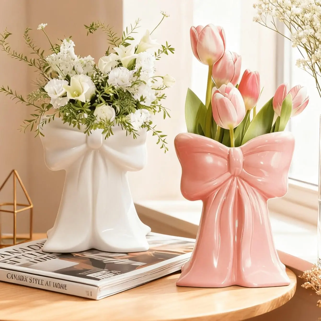 Cute Bow Design Decorative Vase, Home Living Room Bedroom Office Desk Centerpiece, Wedding Party Decoration, Modern Desktop Decor, Girl's Birthday Gift