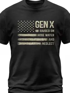 Men's Plus Size Vintage Retro American Flag Design T-Shirt - GEN X RAISED ON HOSE WATER AND NEGLECT Distressed Look Casual Tee for Patriotic Style