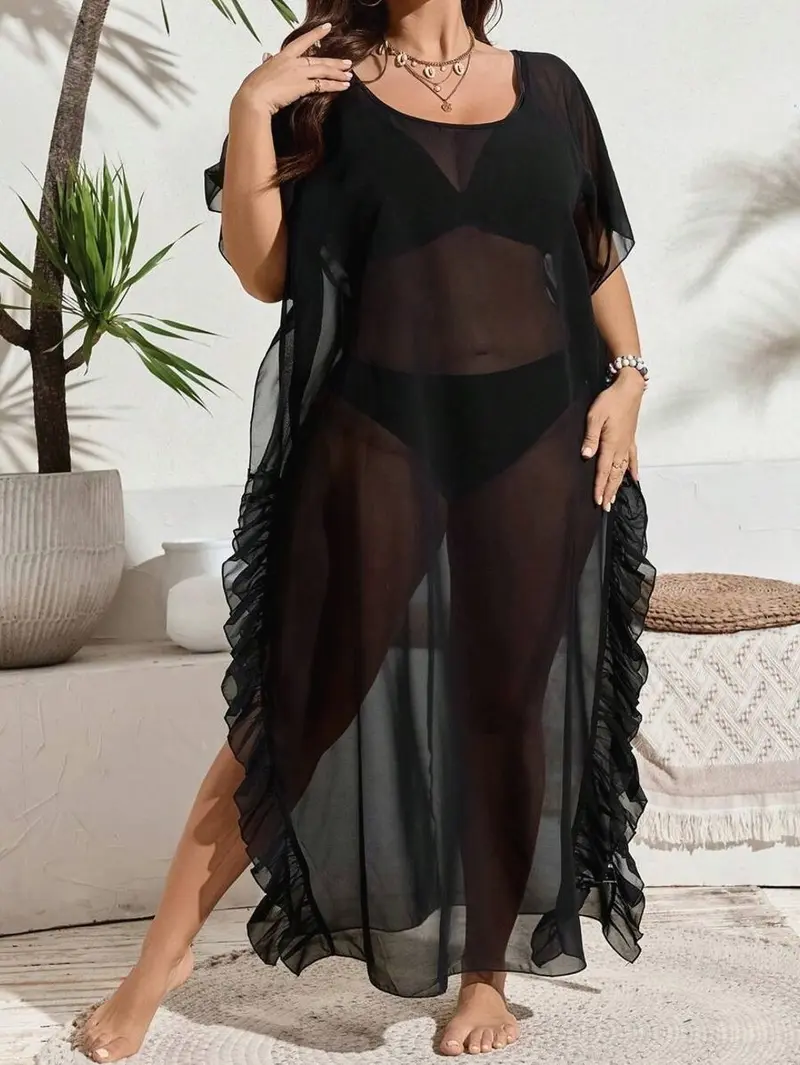 Beach Wear Plus Size Sheer Swimsuit Cover Up Twist Front Mesh Cut-Out Beach  Cover Up