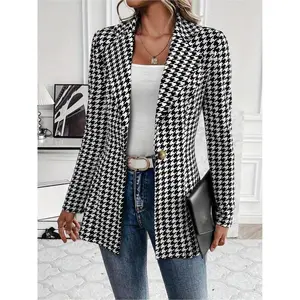 Women’s houndstooth print front top, casual long-sleeved office jacket, all-season women’s clothing, women’s apparel
