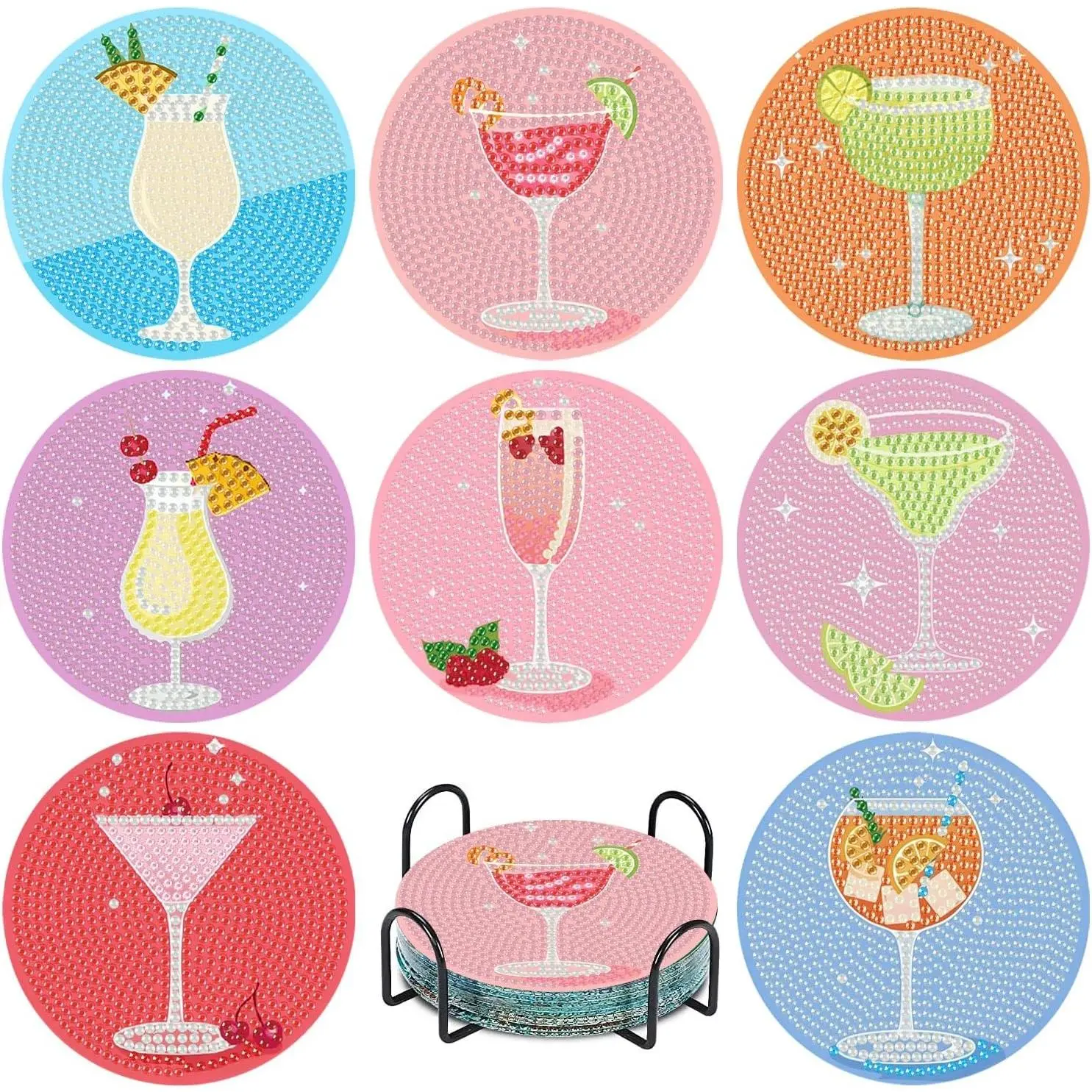 8Pcs Full Drill Diamond Painting Coasters Set, Wooden Decorative Coasters With Holder, DIY Cocktail Theme Kit For Beginners Gift, Wooden Coasters