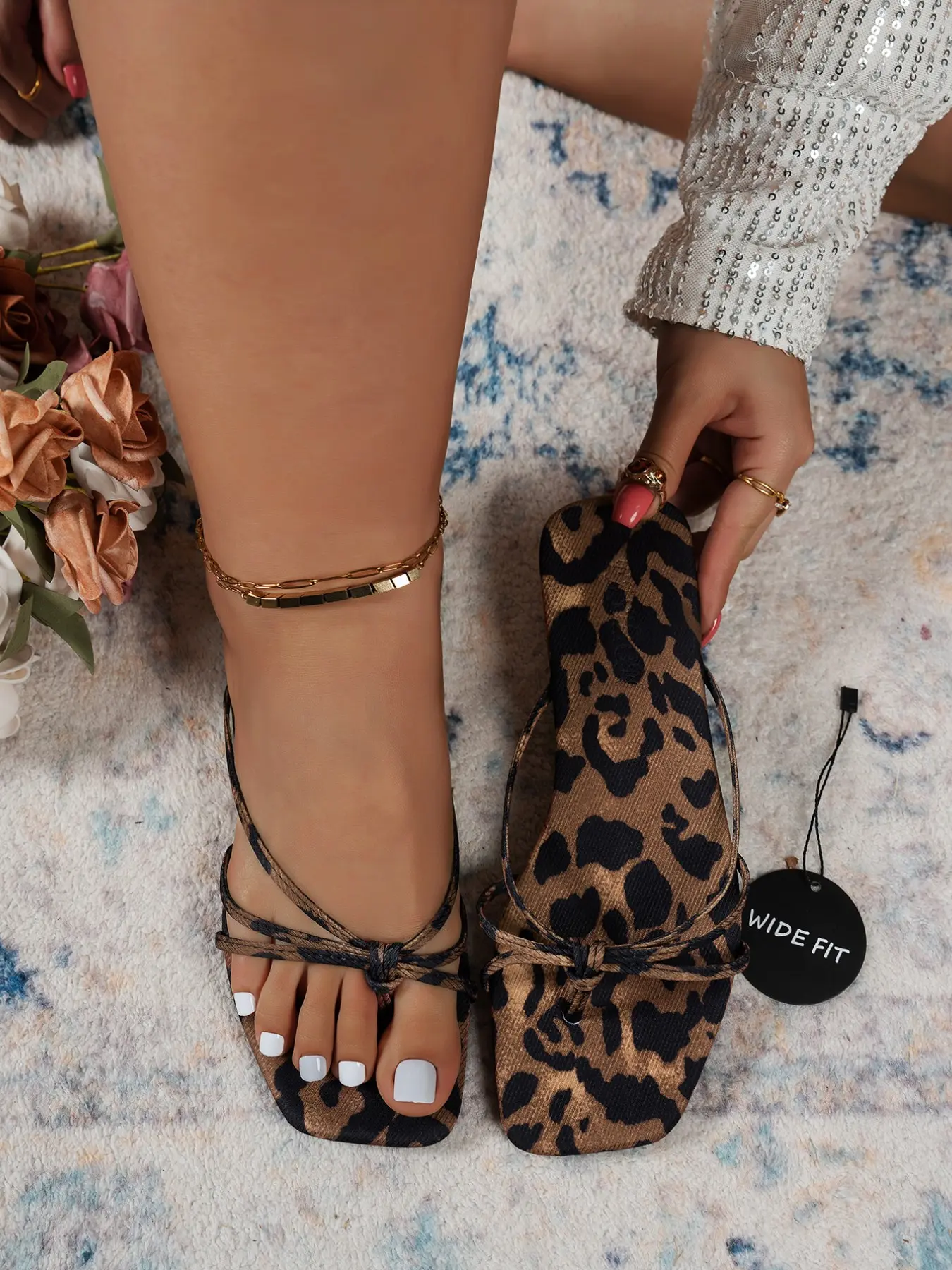 Women's French Style Square Toe Leopard Print Bohemian Flat Sandals, Summer Fashion Casual Beach Shoes for Festival & Vacation