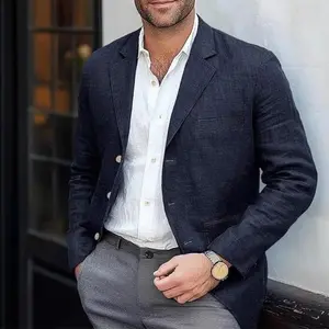 Men's Blazer Jacket Cotton Linen Sports Coats Regular Fit Two Buttons Herringbone Suit Jackets Formal Long Sleeve