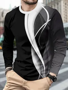 Men's Geometric Print Long Sleeve Round Neck Pullover, Casual Fashion Streetwear Comfortable Sporty Simple Long Sleeve Daily Wear