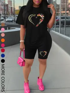Summer New Short Sleeve Shorts Set, Sporty Heart Print, Comfortable Casual, Women's Two-Piece Outdoor Sports Wear