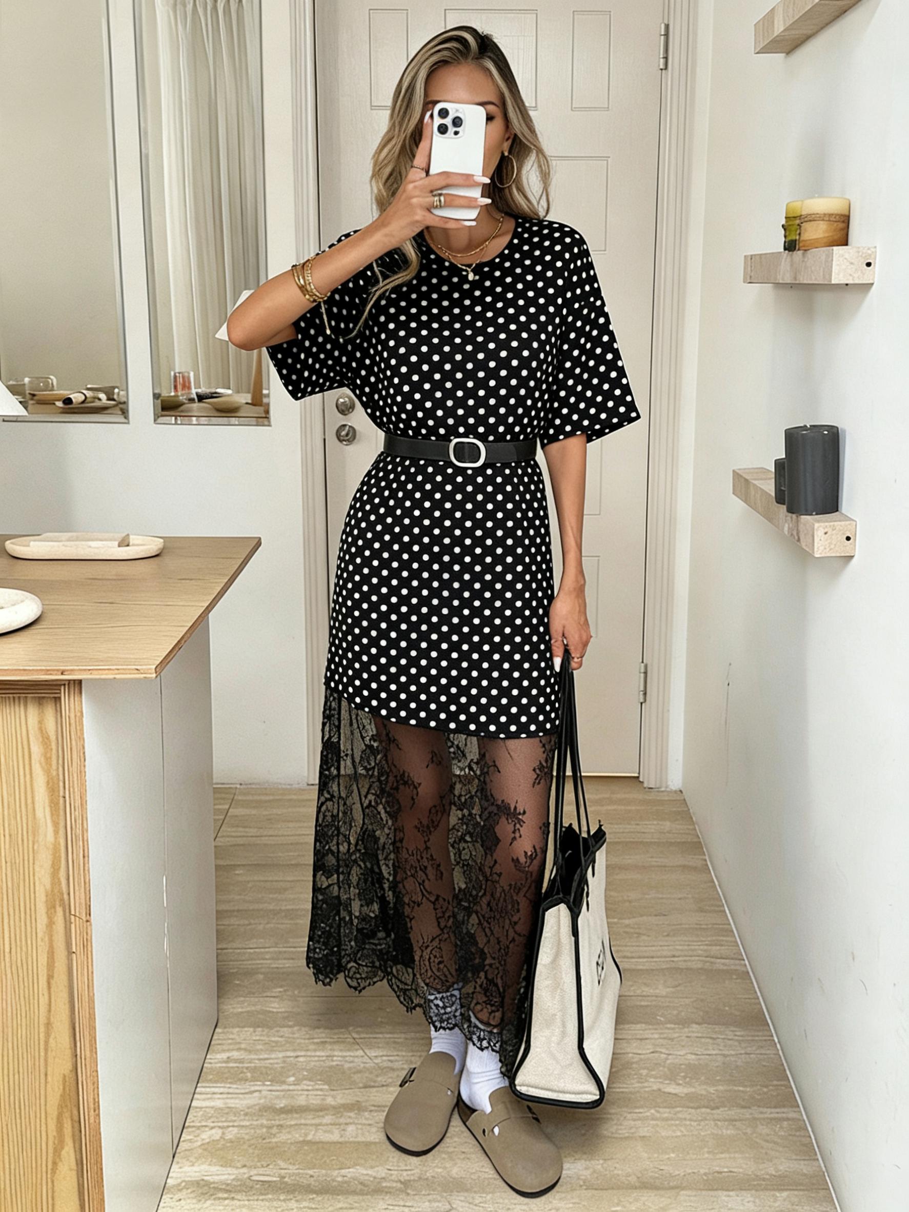 Mntaor Women's Oversized T-Shirt Maxi Dress with Sheer Lace Hem Drop Shoulder Short Sleeve Perfect for Street Style Mntaor Women's Oversized T-Shirt Maxi Dress with Sheer Lace Hem Drop Shoulder Short Sleeve Perfect for Street Style