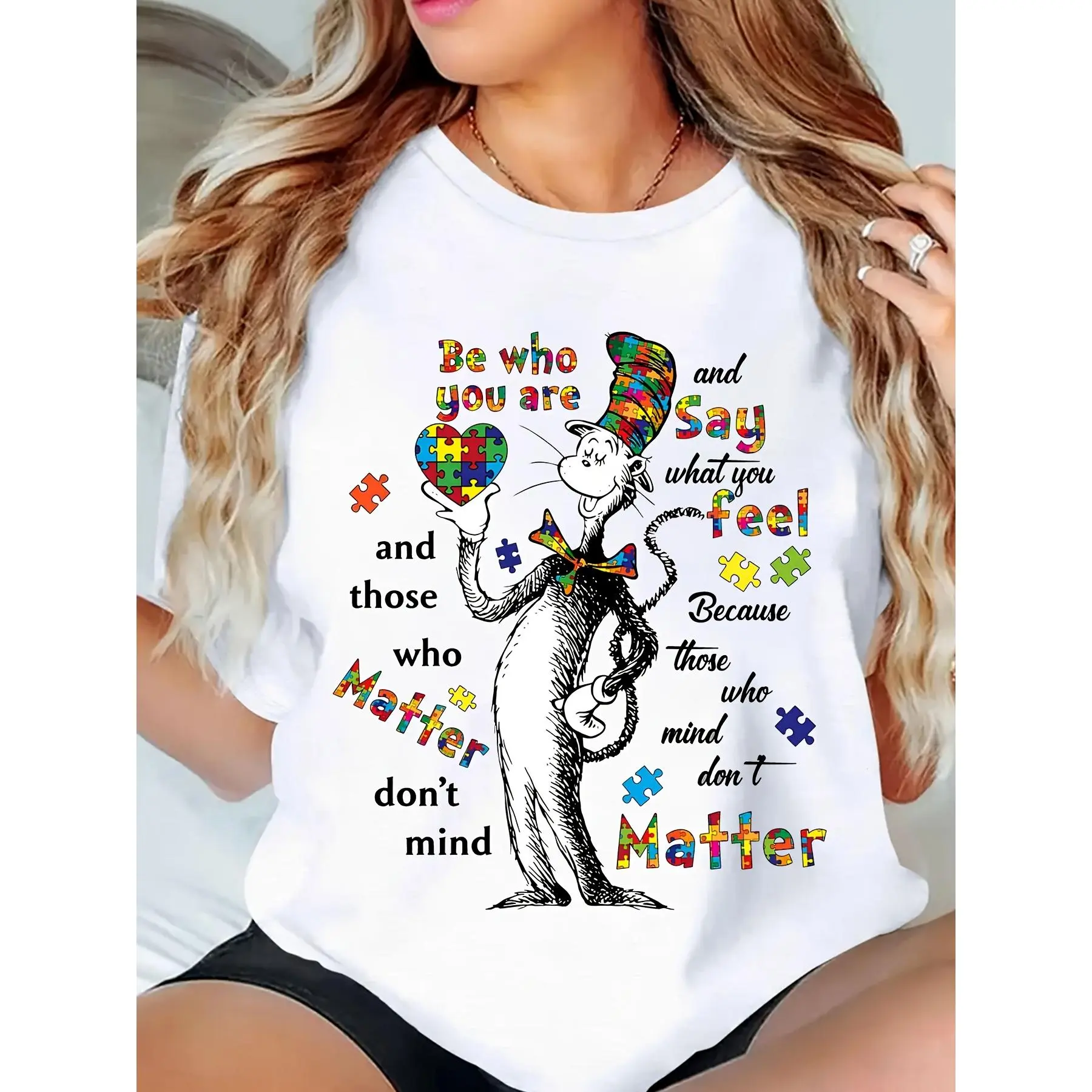 Women's Dr. Seuss-Inspired Graphic T-Shirt - "Be Who You Are" Design with Cat in the Hat, Puzzle Pieces & Flowers, Soft, Short Sleeve, Round Neck, Perfect for Book Lovers & Teachers