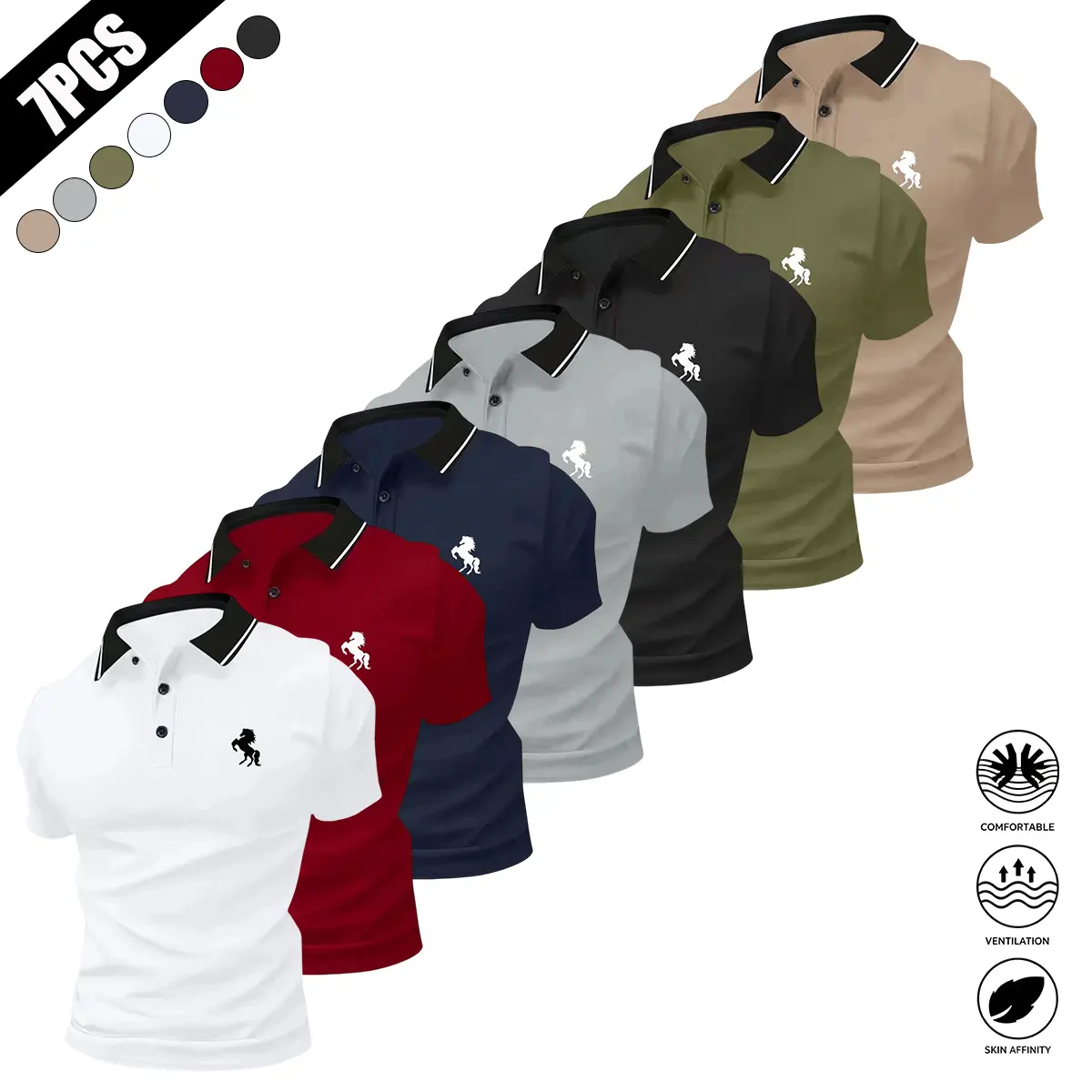 Men’s Short-Sleeve Polo Shirts (Pack of 7) - Menswear, Turn-Down Collar, Printed Design, Solid Color Options, Skin-Friendly, Breathable, Wrinkle-Resistant Polyester Clothes, Soft, Sweat-Ventilated, Versatile Top for Daily Commuting, Outdoor Activities