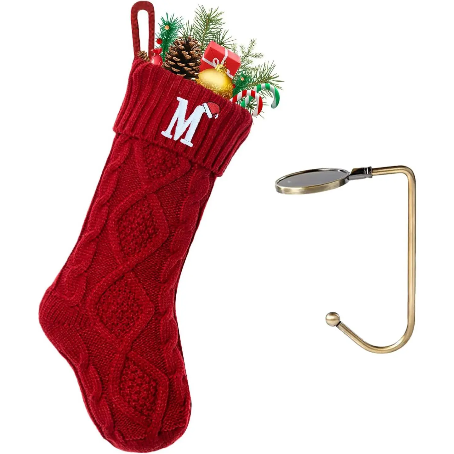 Christmas Stockings with Initial Letter M Embroidered 18" Large Monogram Knitted Xmas Stocking for Christmas Party Fireplace Family Hanging Decorations 1 Pack Red