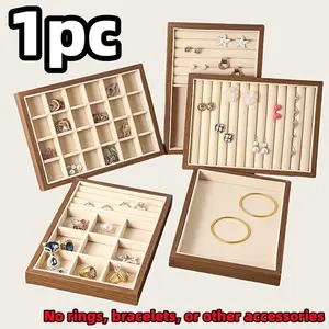 Walnut Wood Jewelry Storage Tray, Multi-Compartment Ring Earring Display, Large Capacity, Luxury Square Design, No Jewels Included