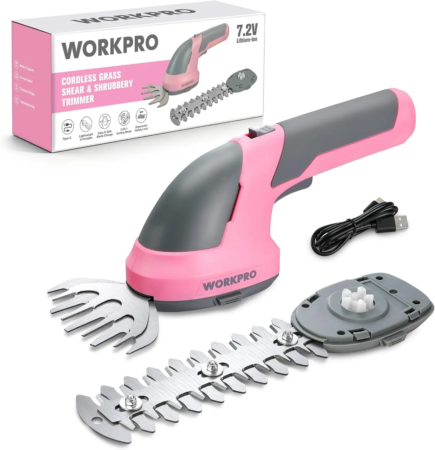 WORKPRO 7.2V Cordless Grass Shear & Shrubbery Trimmer, Pink Ribbon| 5.9" Shrub Trimmer & 4.2" Grass Shear, 2.0Ah Rechargeable Lithium-Ion Battery, Type-C Cable, Handheld for Garden, Yard & Lawn
