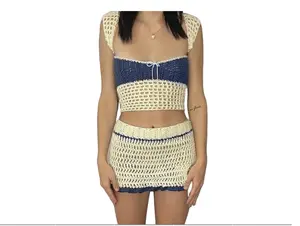 Tsnbre Women 2 Piece Outfits Sets Crochet Knit Hollow Out Camisole Crop Top Mini Skirt Two Piece Skirt Set Summer Womenswear Bohemian Casual Lady