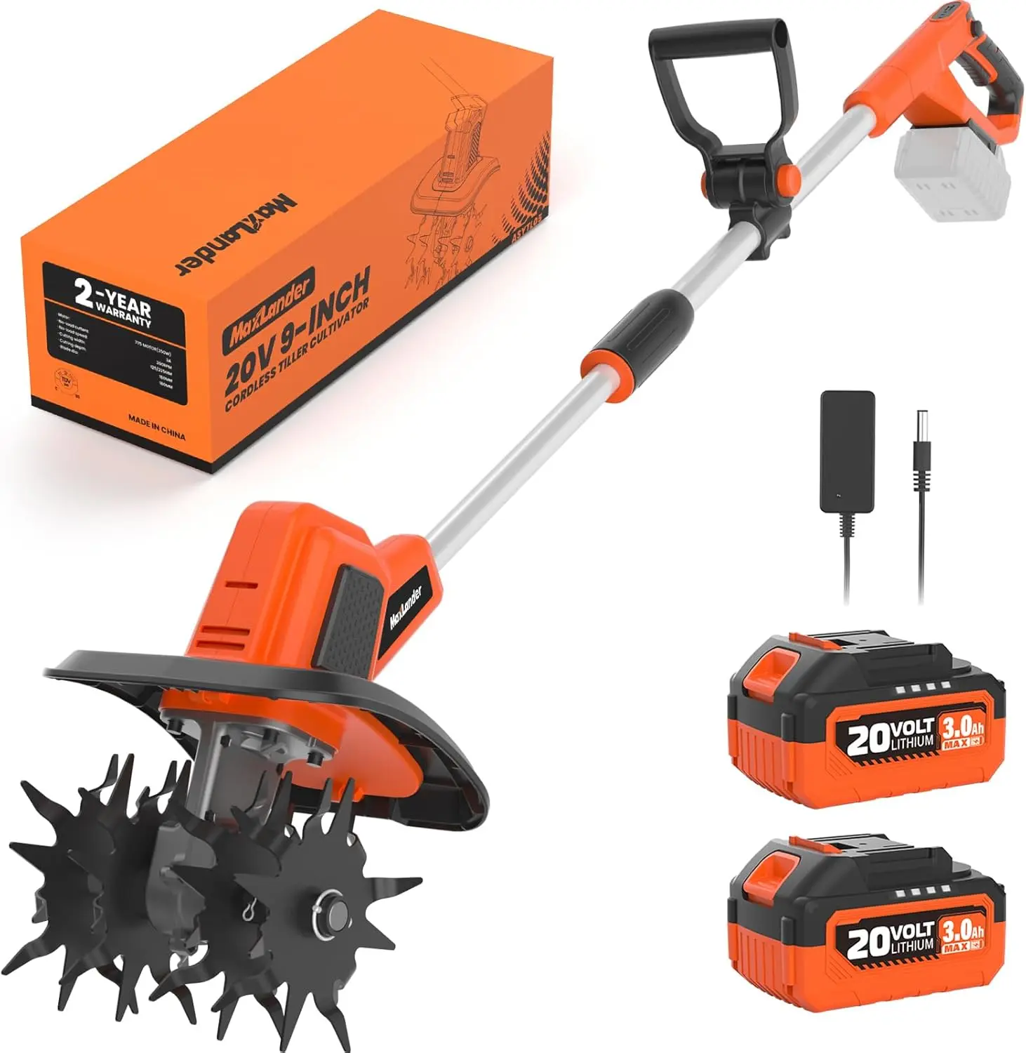MAXLANDER 20V Cordless Tiller Cultivator - 9-in 48-Steel-Blade Electric Garden Tool, 360 RPM Battery-Powered Soil Prep Tool (12lbs) with 4.0Ah Battery, Fast Charger & Double Safety Feature Included