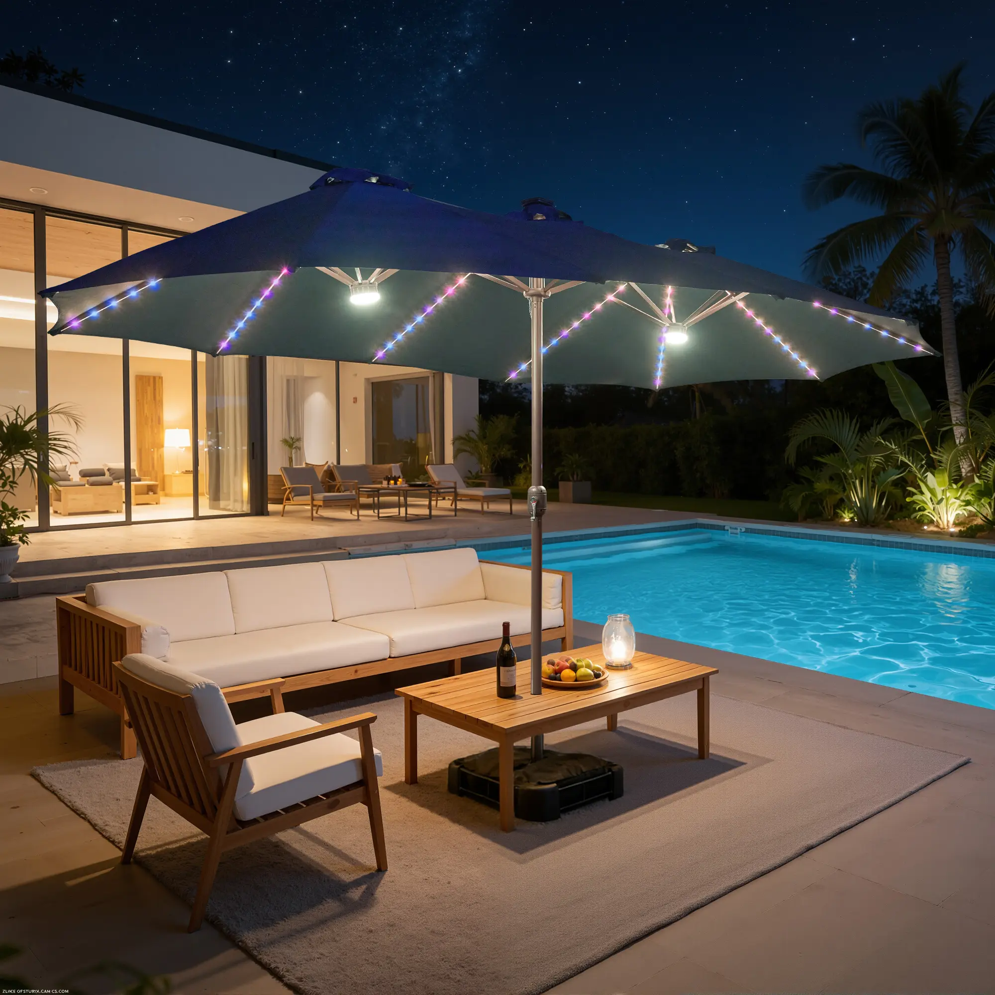 ALLWEX 15FT Smart RGB LED Patio Umbrella with Base, App & Remote Controlled Color Changing Lights, Solar & Type-C Dual Charging Outdoor Umbrella with 6-8H Runtime, Waterproof UV Resistant Canopy with Easy Crank Handle for Patio, Pool & Backyard