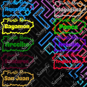 Cities and Towns of Puerto Rico Vinyl Sticker (Red, Black, White)