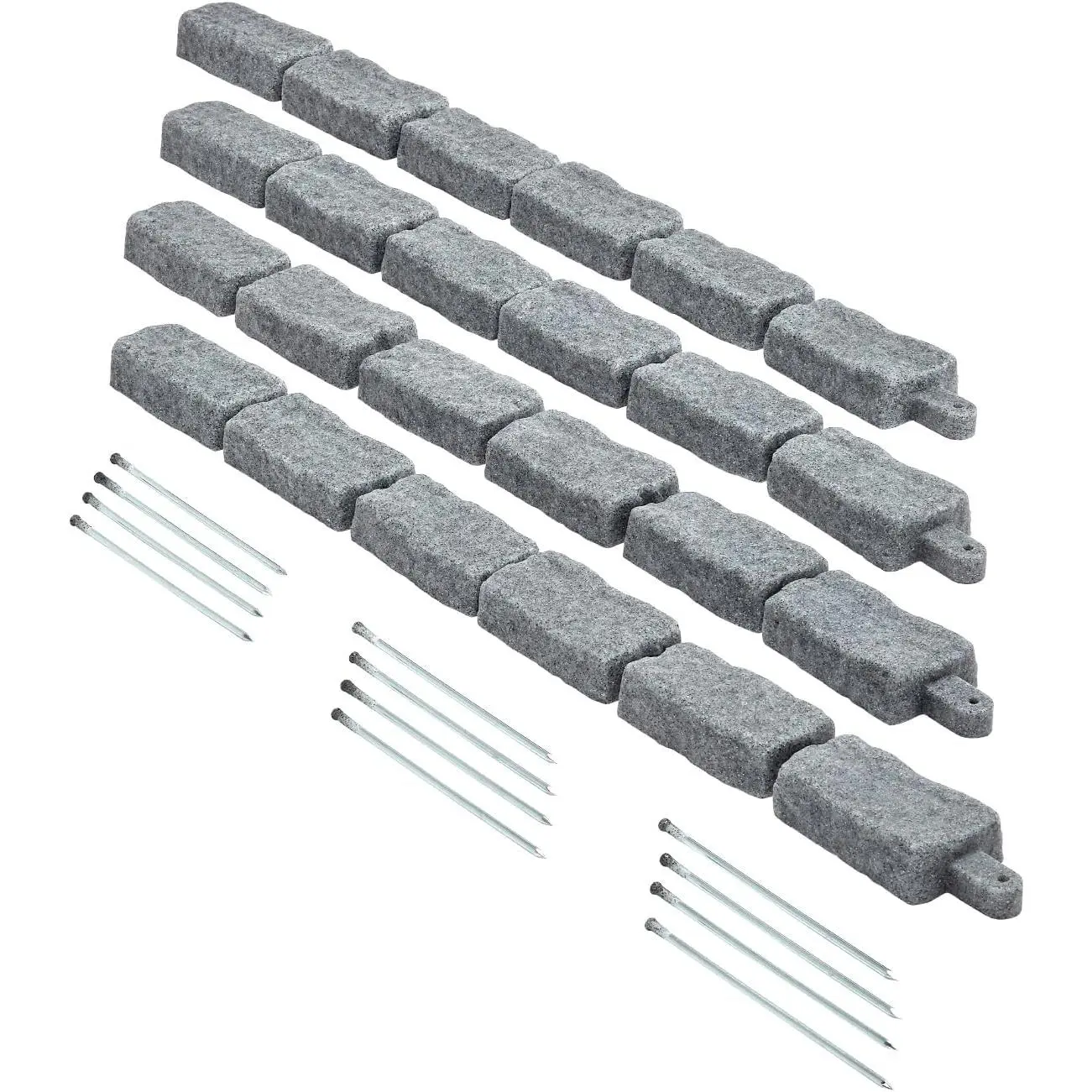 VEVOR Grey Stone Look No-Dig Low-Maintenance Landscape Edging Tool Kit, Flexible Blocks (4-Pack 24 Bricks, 16ft Kit), 12 Spikes, 46.5in L x 3.7in W x 2.2in Tall, 1kg Each, Outdoor Lawn Edges for Flower Beds, Pools