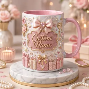 Personalized Sweetheart Mug, 2D Printed 3D Effect Pink Ribbon and Glitter Bow Ceramic Coffee Cup with Custom Name, Adorable Gift Mug for Girlfriend Wife and Bestie, Perfect Birthday Celebration Gift