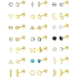 CASSICEA 21Pairs Hypoallergenic Flat Back Stud Earrings for Women Men Surgical Stainless Steel Earrings for Sensitive Ears Cartilage Earring Small Studs Earrings Set Stacks Screw Back Earrings Piercing