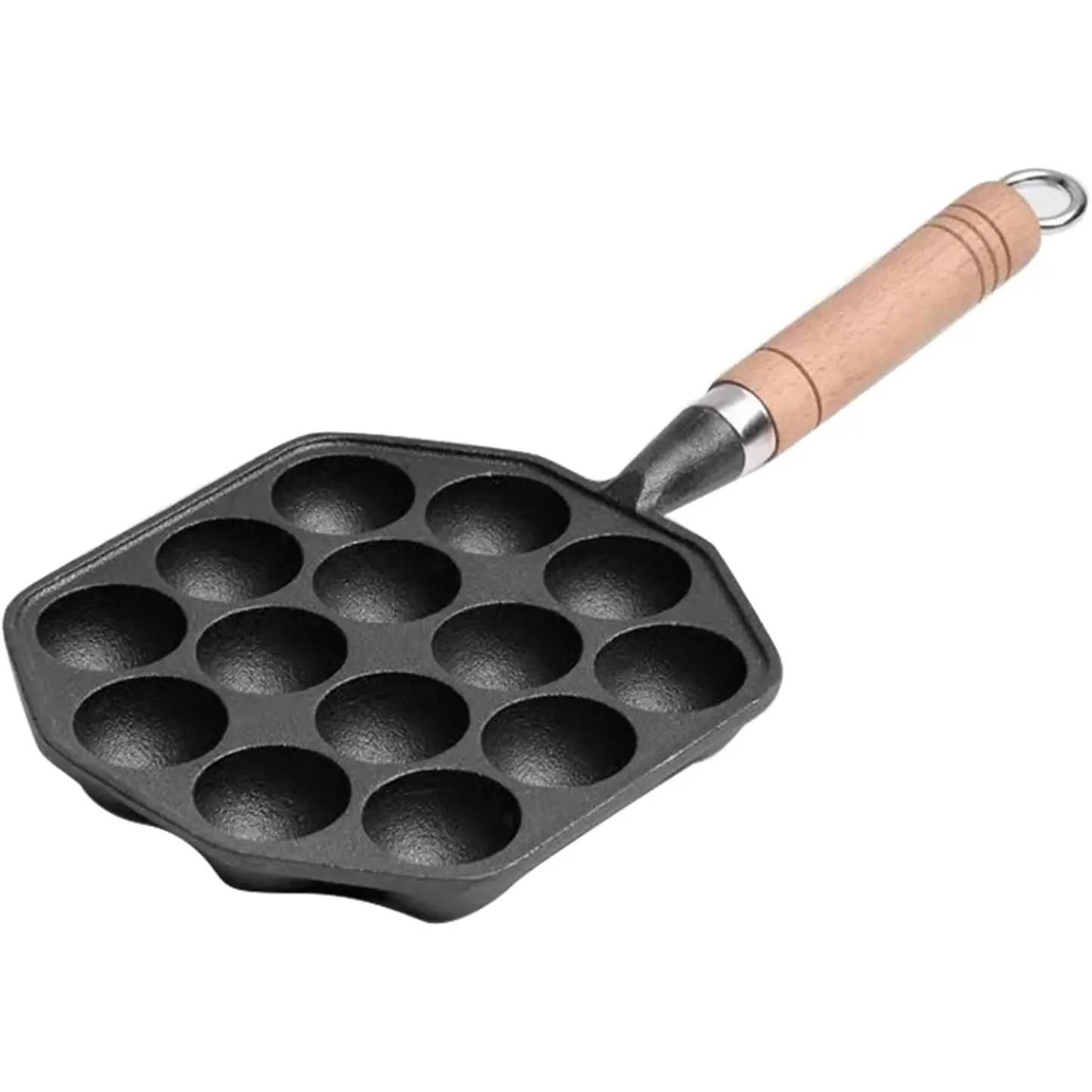 14-Hole Cast Iron Non-Stick Takoyaki Grill Pan - Kitchen Countertop Cookware, Octopus Meat Ball Maker, Detachable Anti-Scalding Handle, Easy to Use and Store