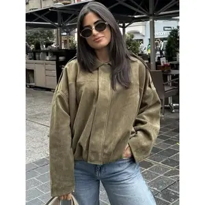Suede Cropped Jacket Women's Bomber jacket autumn elegant oversized batwing sleeves outerwears ladies fashion lapel loose Jacket caual Streetwear coats
