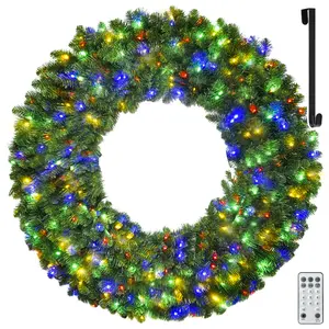 48in/60in Large Prelit Christmas Wreath Outdoor with Lights, Artificial Lighted Christmas Wreaths with 210 Colorful LEDs, Metal Hook, Plug-in, 11 Functions for Home Holiday Decor