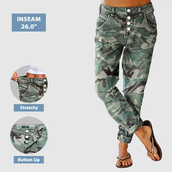 Flamingals Camo Print Button Up Roll Hem Mid Waist Straight Leg Cropped Pants Stretchy 26'' Inseam