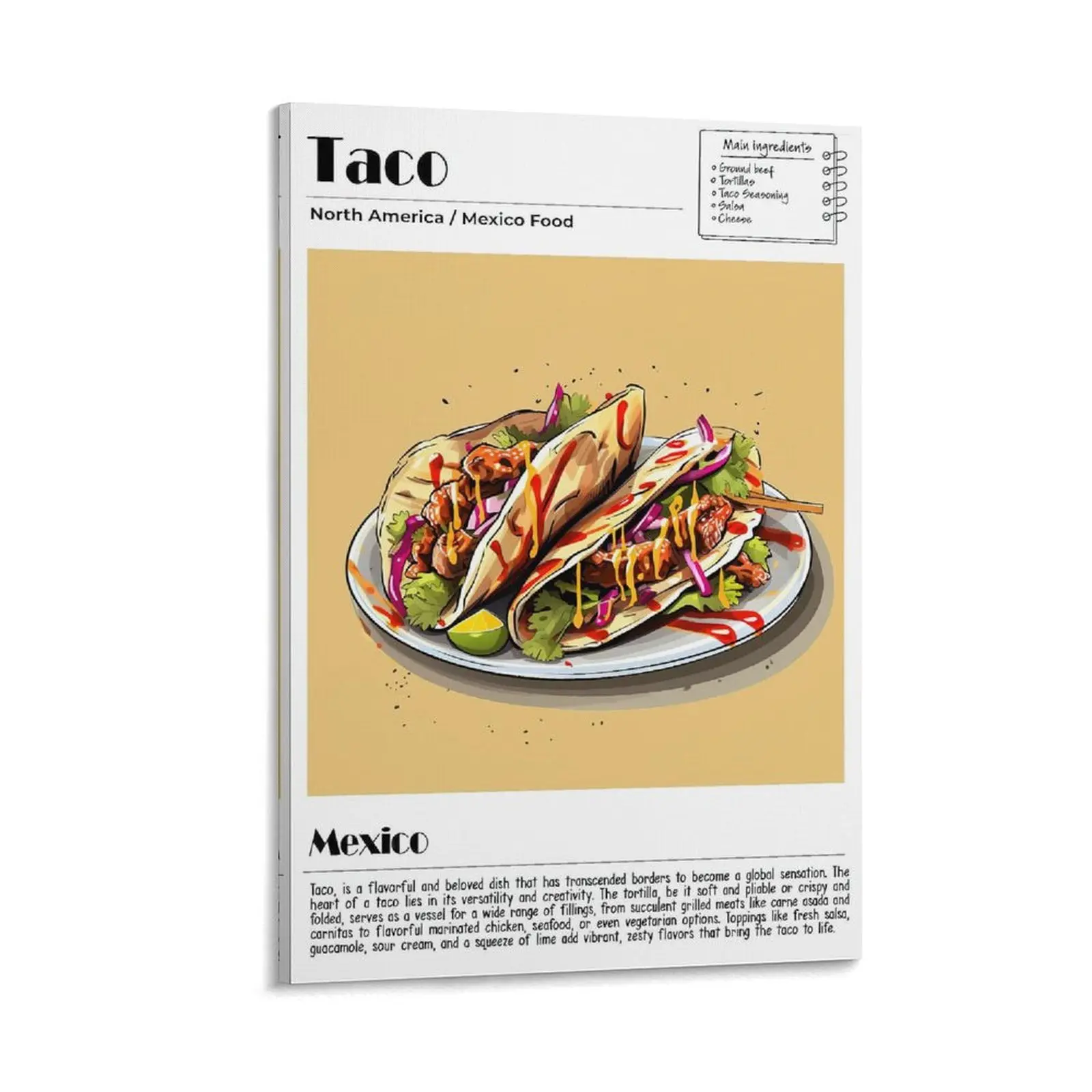 Taco Poster, Mexico Food Print, Modern Kitchen Wall Art, Chef Decor, Taco Recipe, Food Poster for Kitchen Walls Poster Canvas Wall Art For Bedroom Decor Bar Office Room Decor Gift