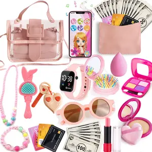 Princess Style Kids Role Play Toy Set, Kids Vanity, Girls Heart Color Matching Simulation Accessories, Includes Handbag Phone Wallet Watch Keys Card Makeup Props, Pretend Play Set