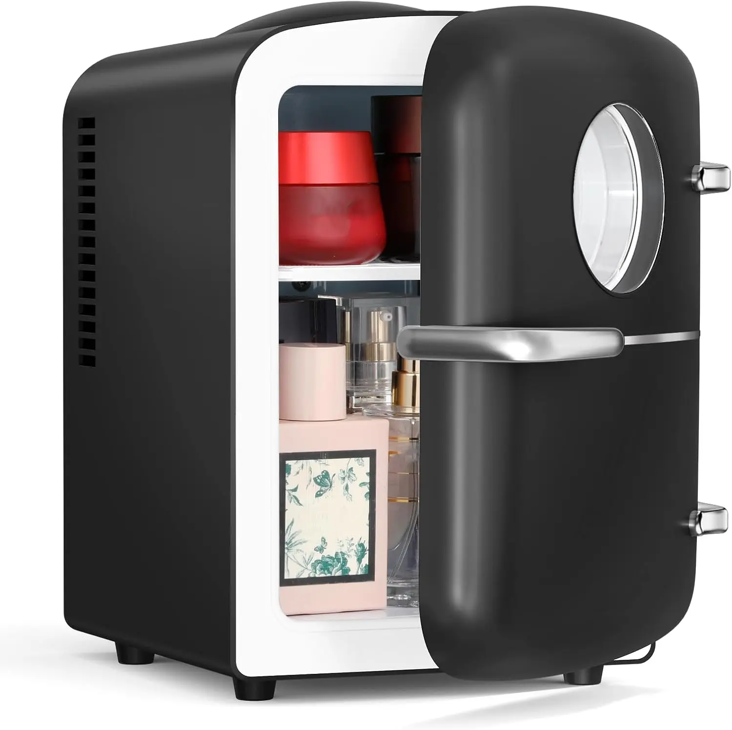 XBEAUTY 4L Energy-Efficient Dual-Zone Mini Fridge - 12V Compact Cooler-Warmer with Dual-Temperature Control, Round View Window, Removable Shelf, Holds 6 Cans, 32℉ Below Cooling for Skincare, Beverages, Small Spaces, Fridge Organization (Black)