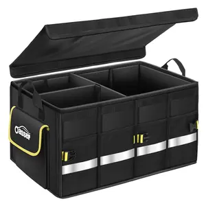 Oasser Car Trunk Organizer,  Compartments Collapsible Waterproof Car Organizer Storage with Foldable Cover, Reflective Strip, Non-Slip Bottom, 4 Mesh Pockets for SUV/Truck/Sedan/Camping/Road Trip