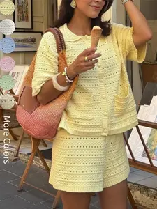 Women's 2 Pcs Shorts Set, Spring/Summer Short Sleeve Solid Color Button Front Knitted Cardigan and Elastic Waist Shorts 2 Piece Set, Casual Cute Summer Loose Fit Vacation Holiday Beach 2 Pieces Outfit, Women Vacation Outfit, Beach Clothes for Women